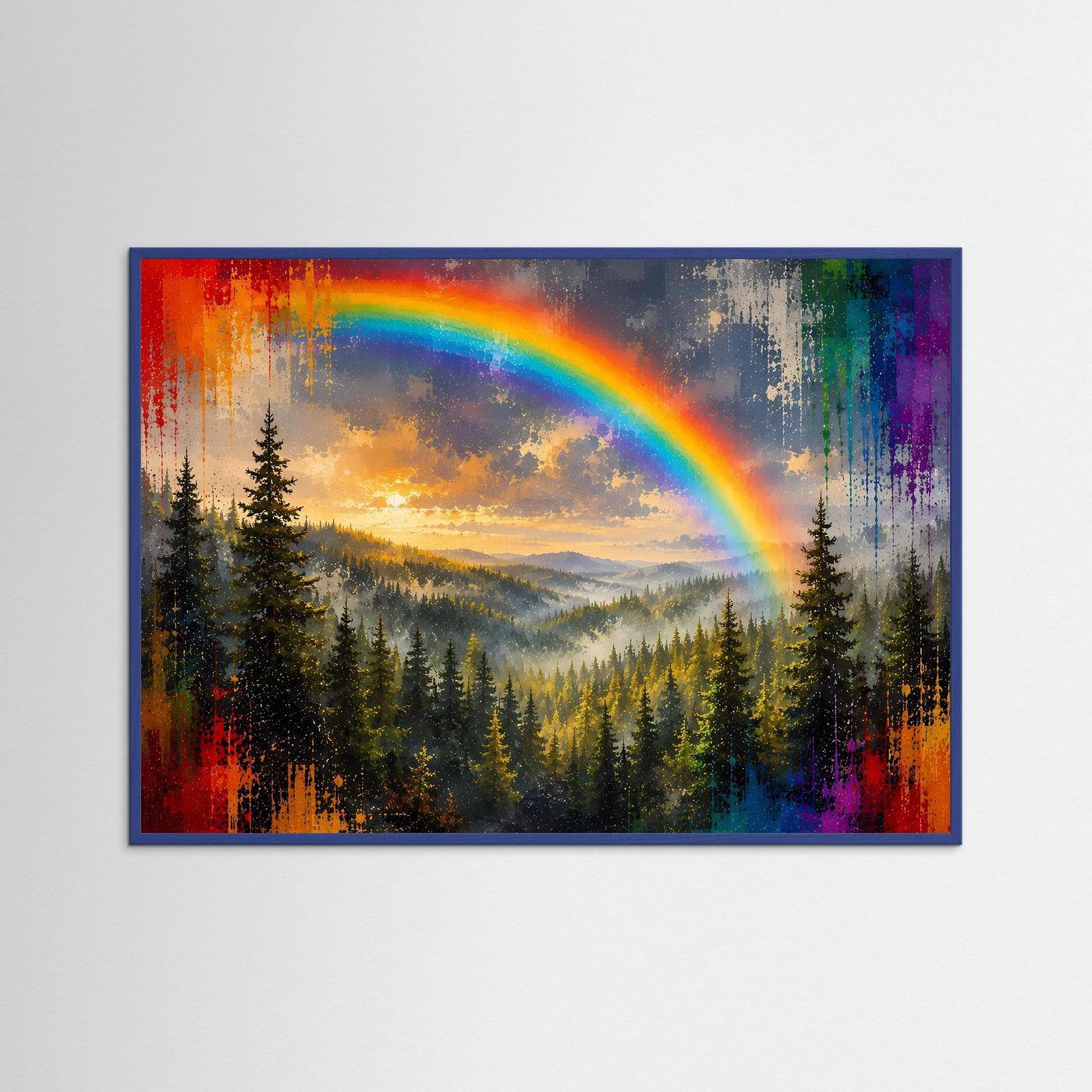 Moderner Nadelwald mit Regenbogen & Farbspritzern | Buntes Panorama Poster Querformat