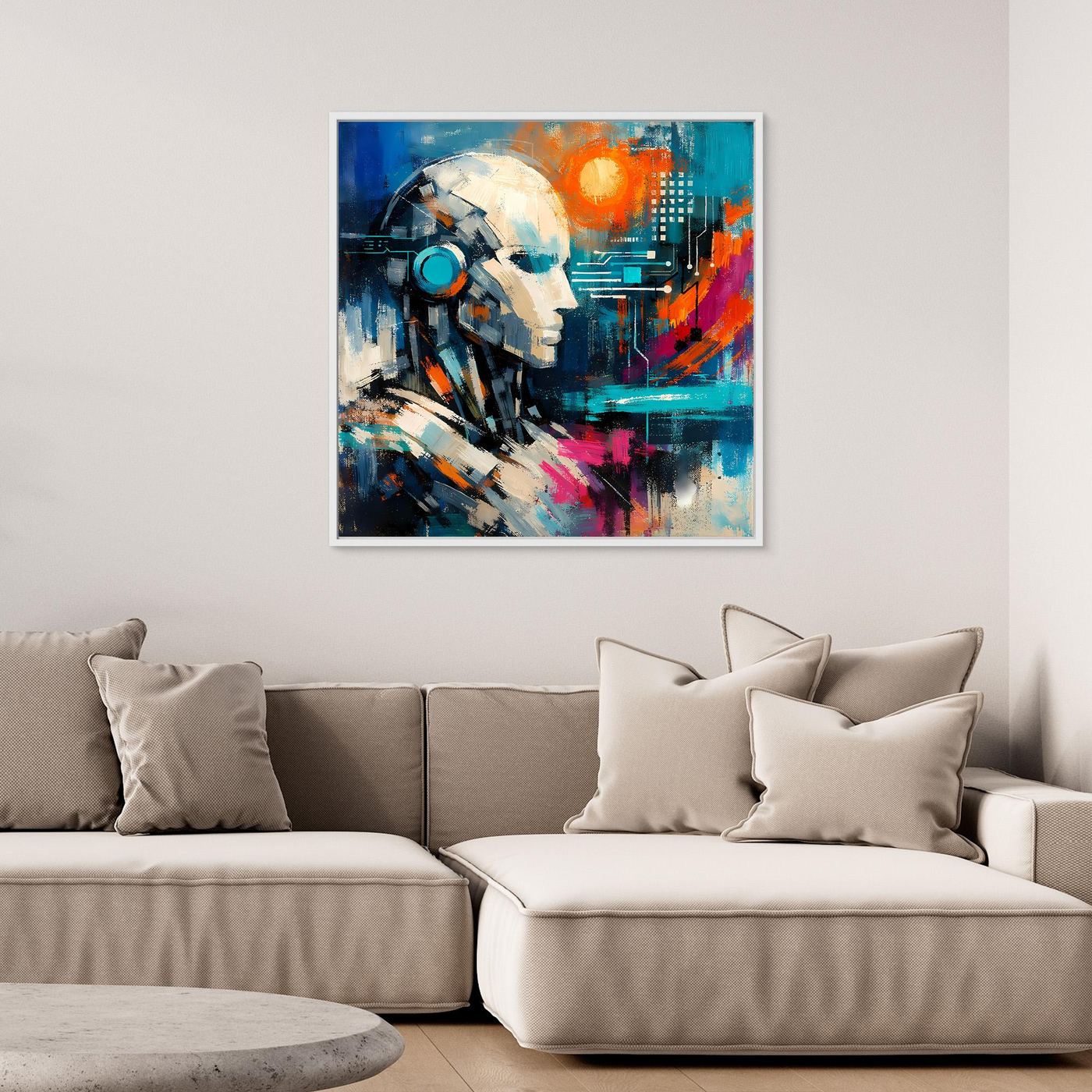 Abstract cybernetic mind wall art print with robot face, blue and orange, light frame