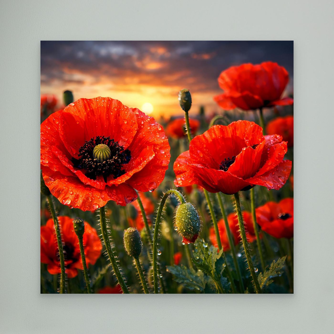 Leinwandbild mit roten Klatschmohnblüten im Sonnenuntergang, ohne sichtbaren Rahmen