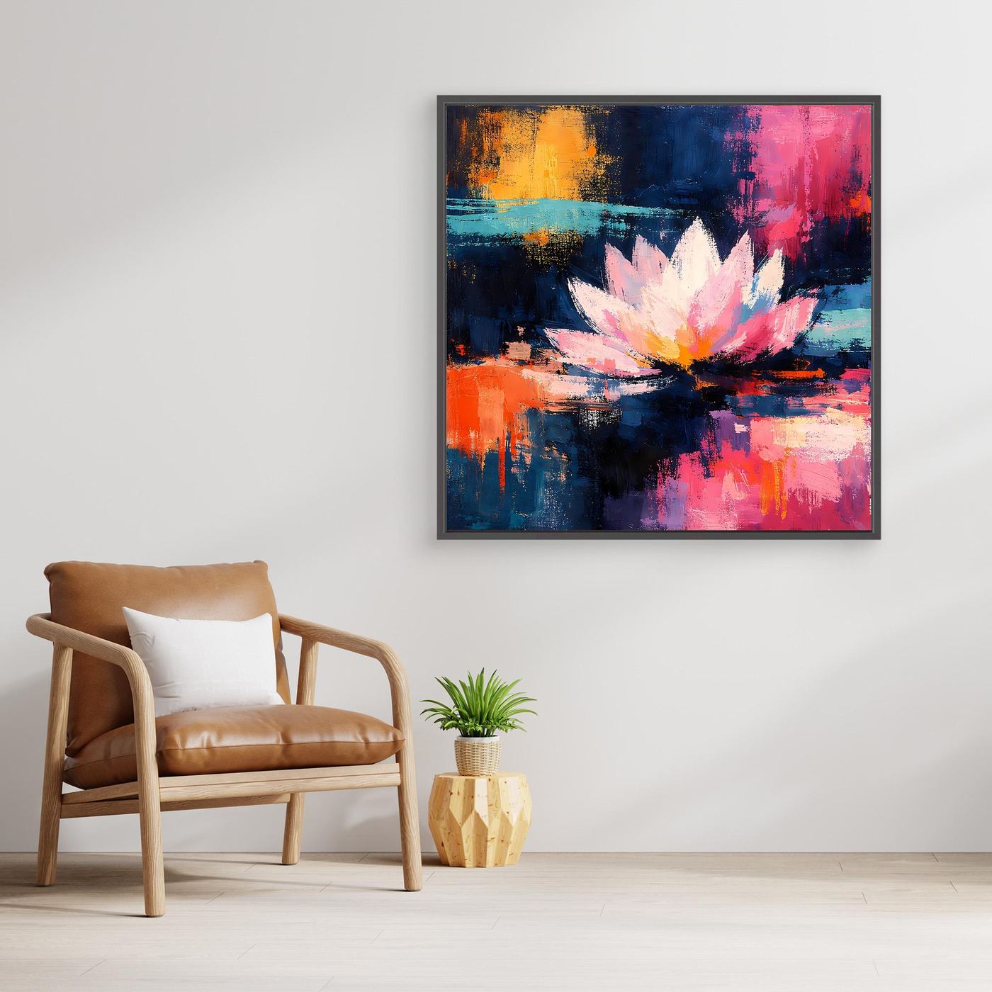 Gerahmtes Leinwandbild mit Holzrahmen: Lotusblüte in Pink und Weiß, abstrakt mit Farbspritzern.