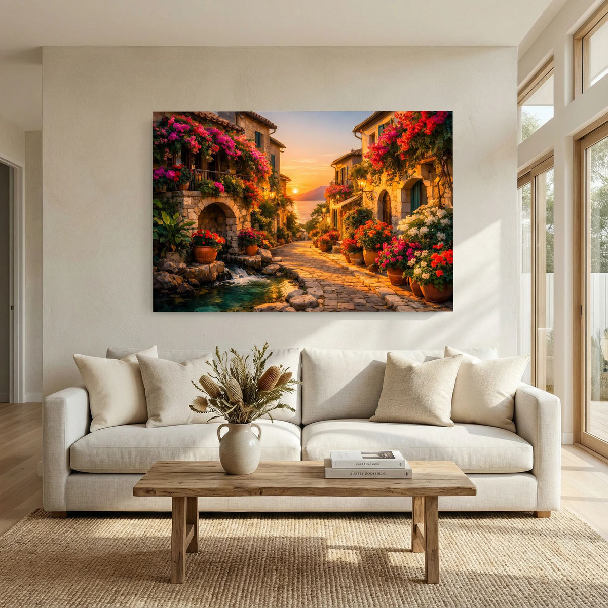 Wandposter einer mediterranen Gasse mit bunten Blumentöpfen und goldenem Abendlicht