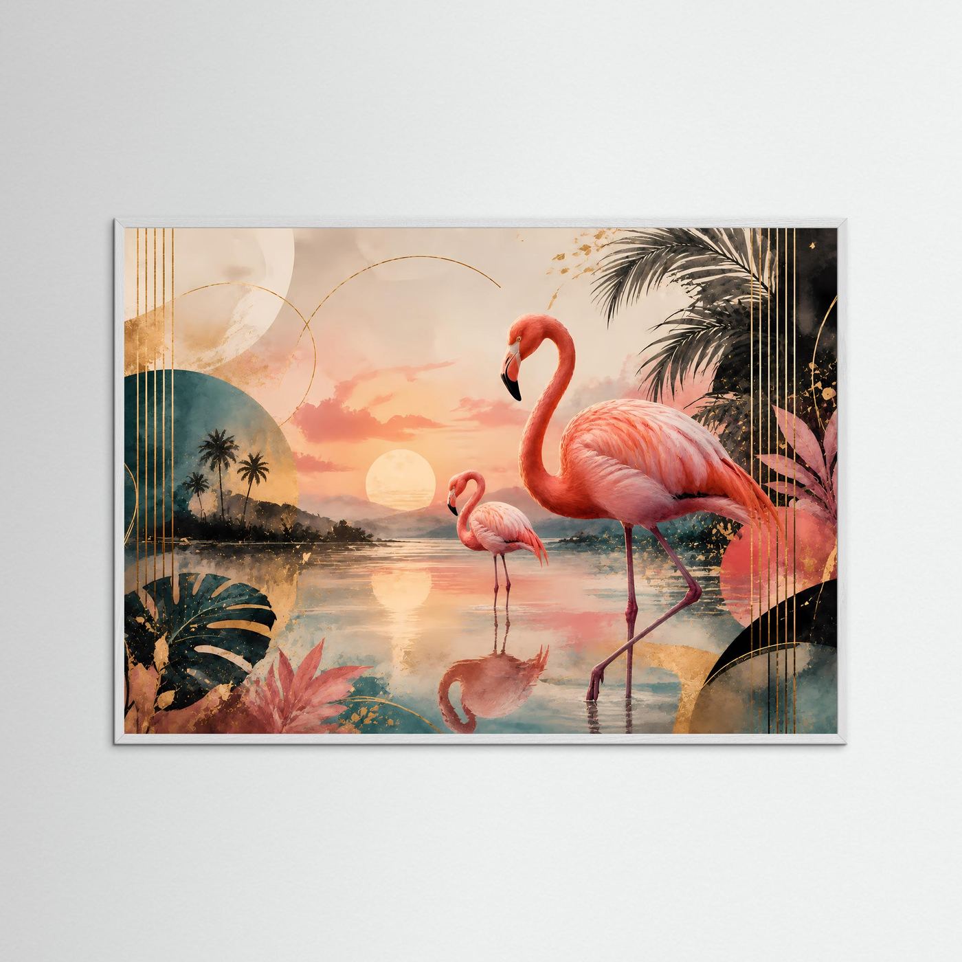 Elegante Flamingos in tropischer Lagune bei Sonnenuntergang | Exotische Flamingo Wandkunst in Rosa, Petrol, Gold & Creme | Modernes Tier Poster im Querformat mit Palmen und abstrakten Formen