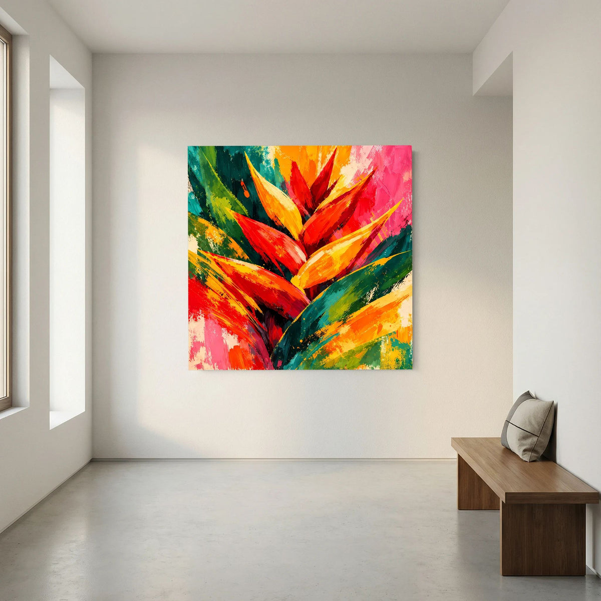 Leinwand Abstrakte Helikonie Blüte | Modernes Tropen Wandbild Bunt Exotisch