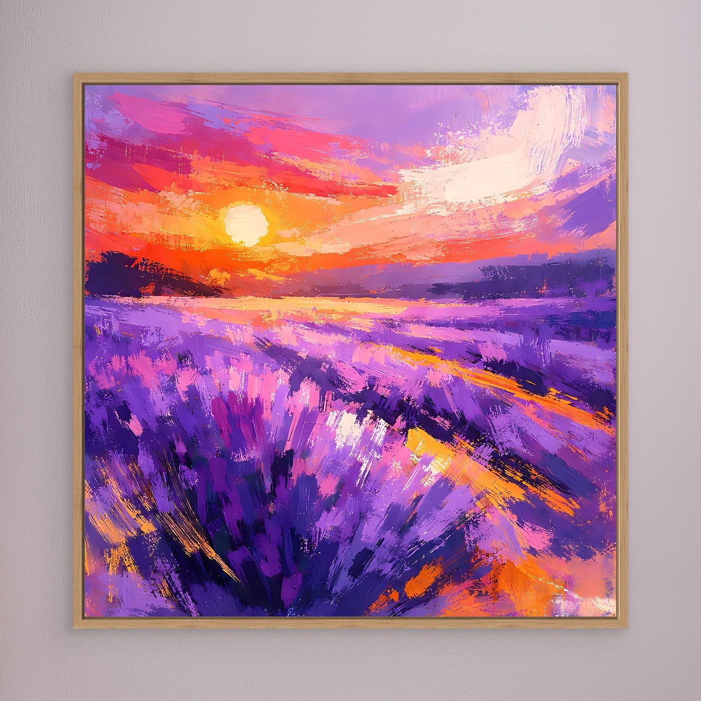 Lavender field wall art with purple blossoms and orange-pink sunset, wood frame.