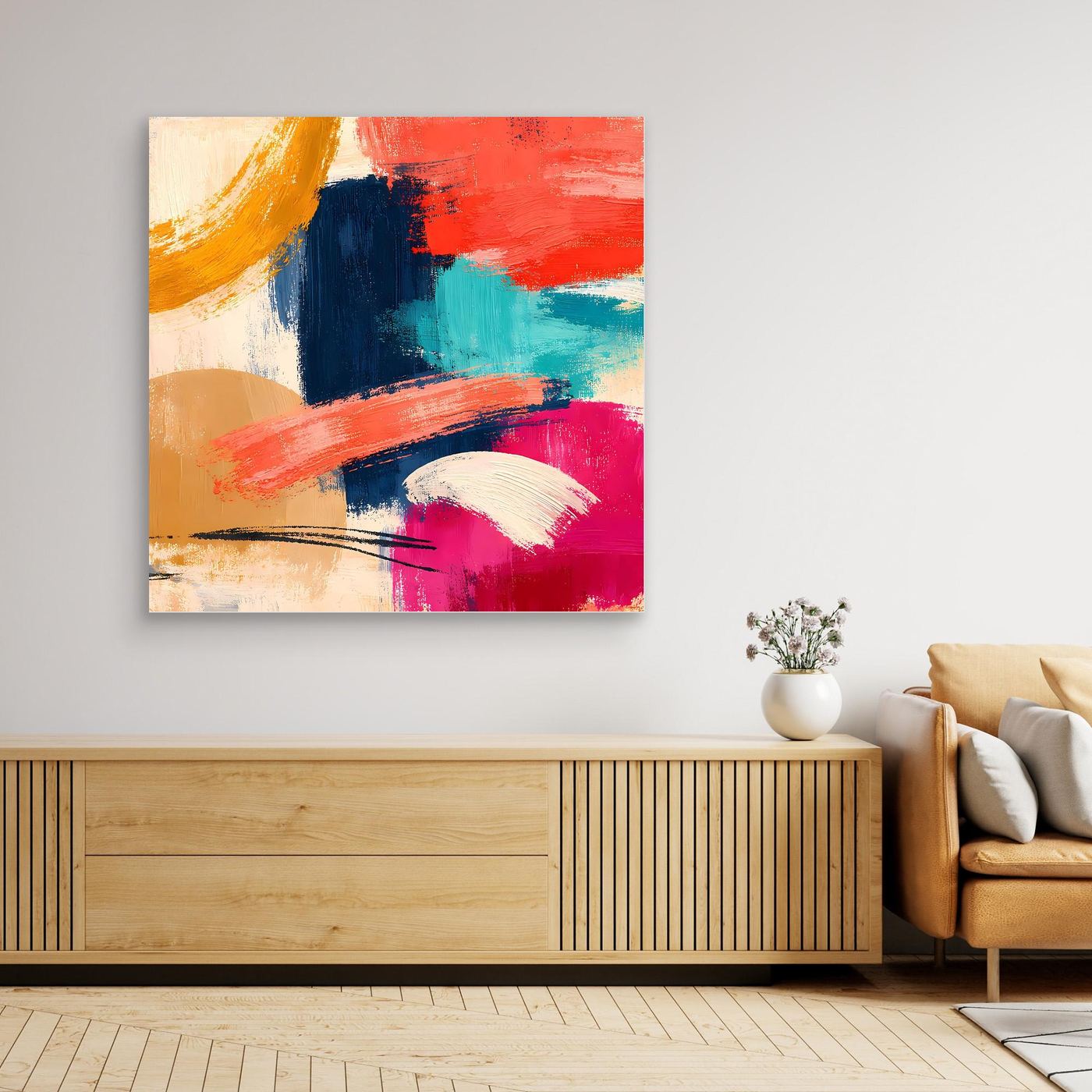 Quadratisches Leinwand-Wandbild mit bunten Farbflächen, Pinselstrichen und Rahmen