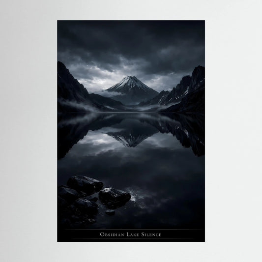 Wandposter (ungerahmt) mit Vulkankegel-Spiegelung im dunklen See unter Wolken