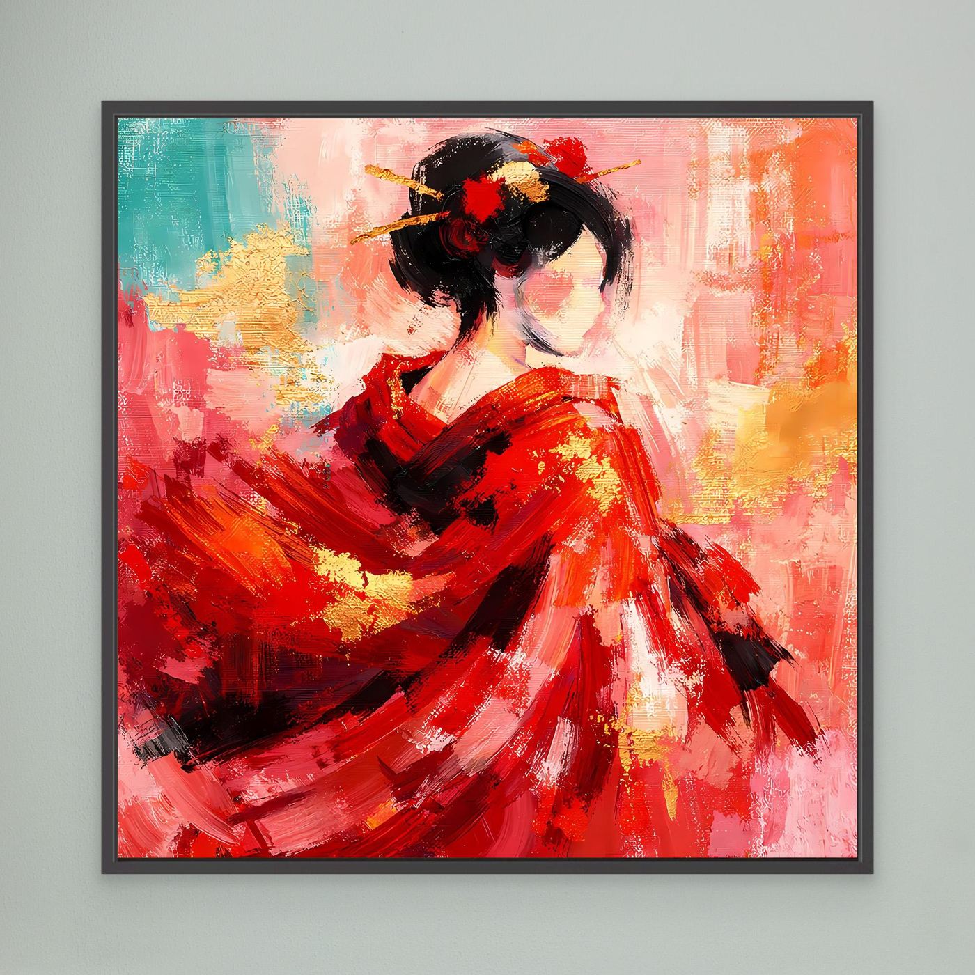 Leinwandbild mit Geisha in rotem Kleid, abstrakte Pinselstriche, schwarzer Rahmen