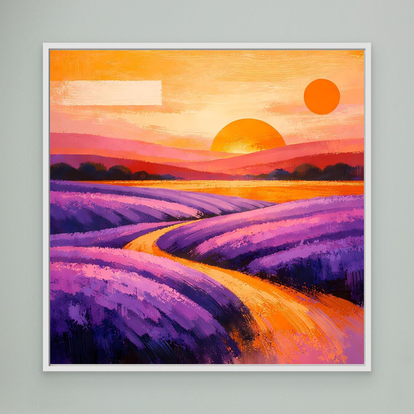 Leinwandbild mit Lavendelfeld-Illustration, weiß gerahmt; violette Felder und Sonnenmotiv