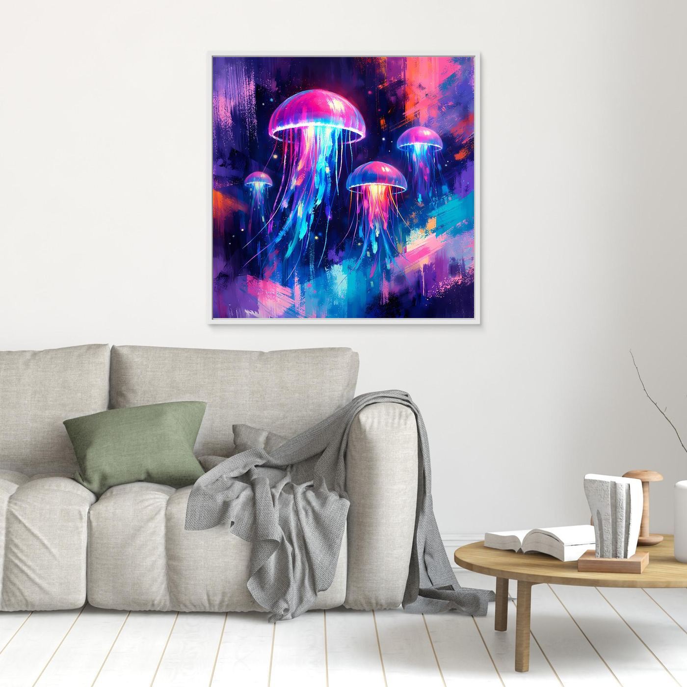 Leinwand Magische Leuchtquallen im Tiefsee-Ozean | Abstraktes Neon Wandbild