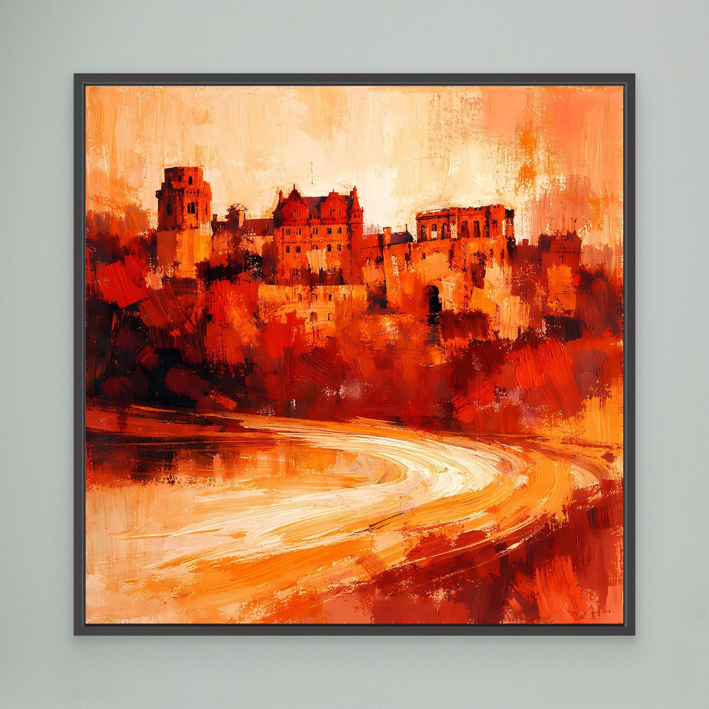 Leinwand Heidelberger Schloss im Abendlicht | Abstraktes Rot‑Ocker Wandbild mit Struktur und Tiefe