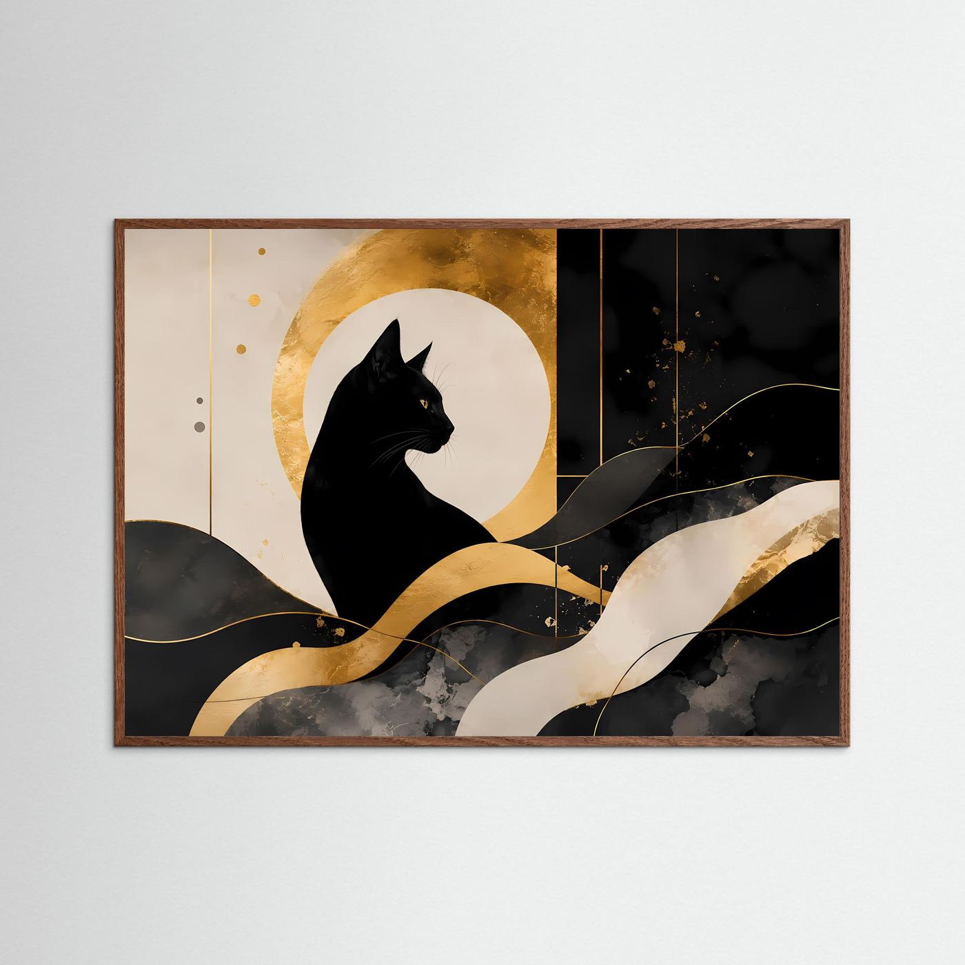 Schwarze Katze vor goldenem Mond | Abstrakte Katzenkunst in Schwarz & Gold