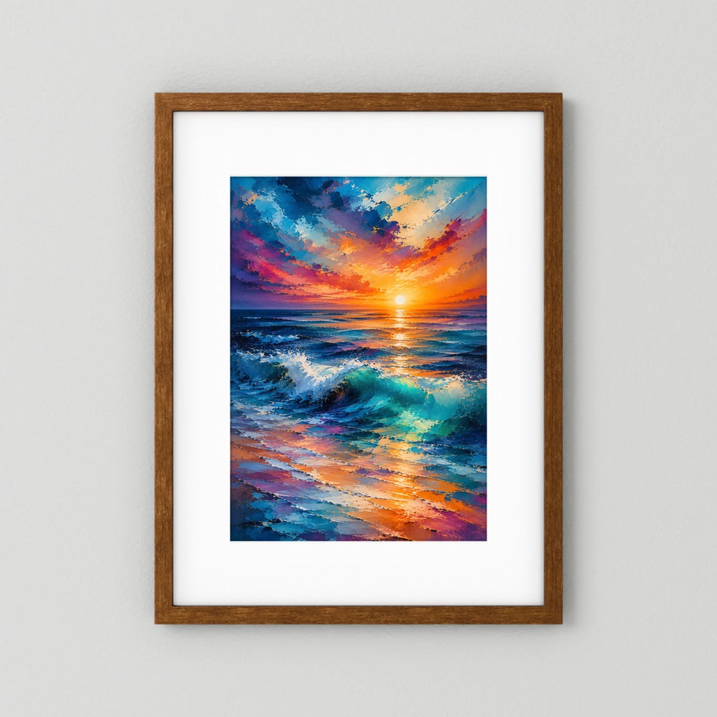 Hochformat-Poster im Holzbilderrahmen mit weißem Passepartout, Sonnenuntergang am Meer