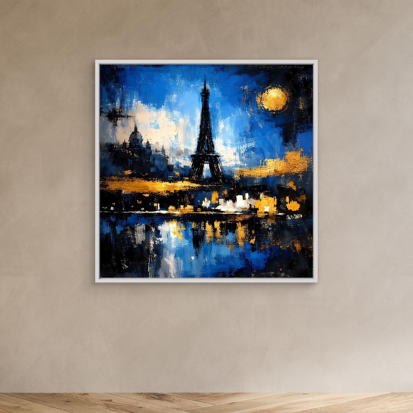 Abstraktes Wandbild mit weißem Rahmen: Eiffelturm bei Nacht, blaue Flächen, gelber Mond, Spiegelung