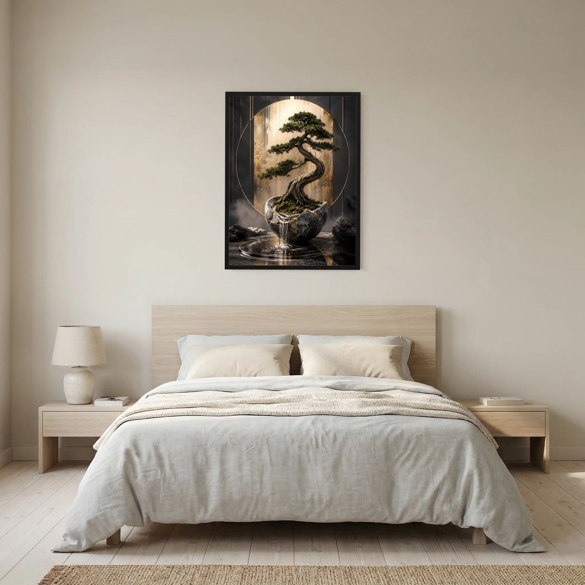 Hochformat-Poster mit Bonsai im schwarzen Tongefäß, goldgrüne Krone, rundem Lichtbogen