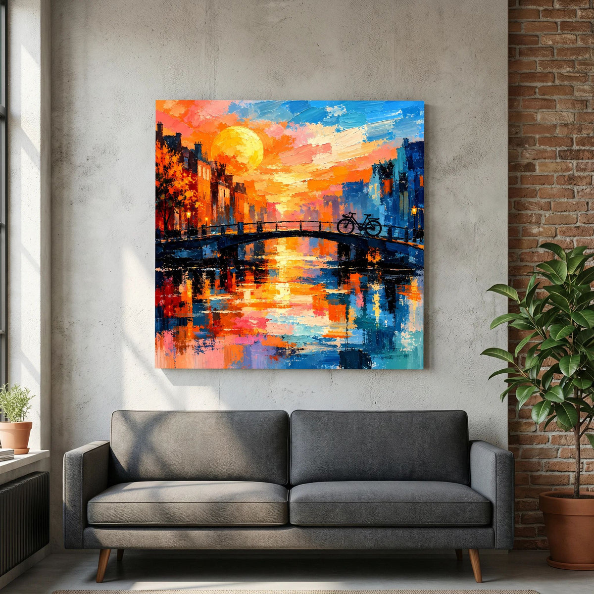 Leinwand Abstraktes Amsterdam Gemälde | Modernes Romantisches Grachten Wandbild mit Fahrrad