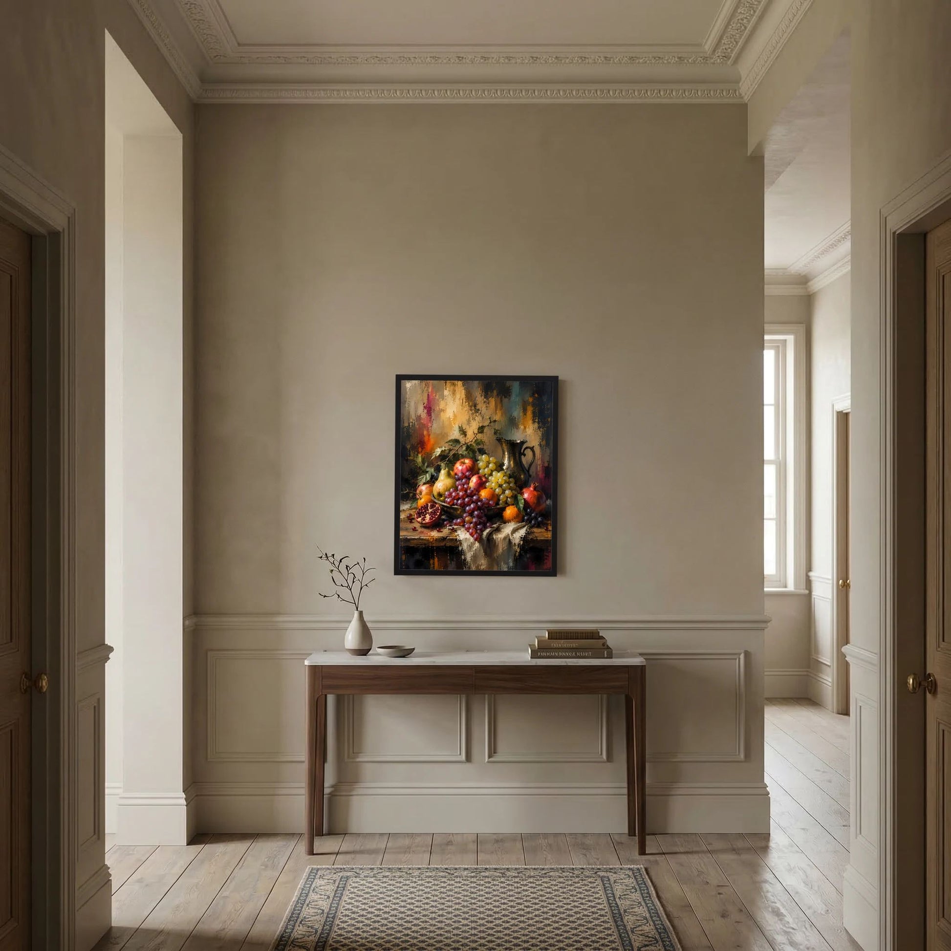 Gerahmtes Kunstposter mit Obststillleben: Trauben, Granatapfel und Äpfel in Vase