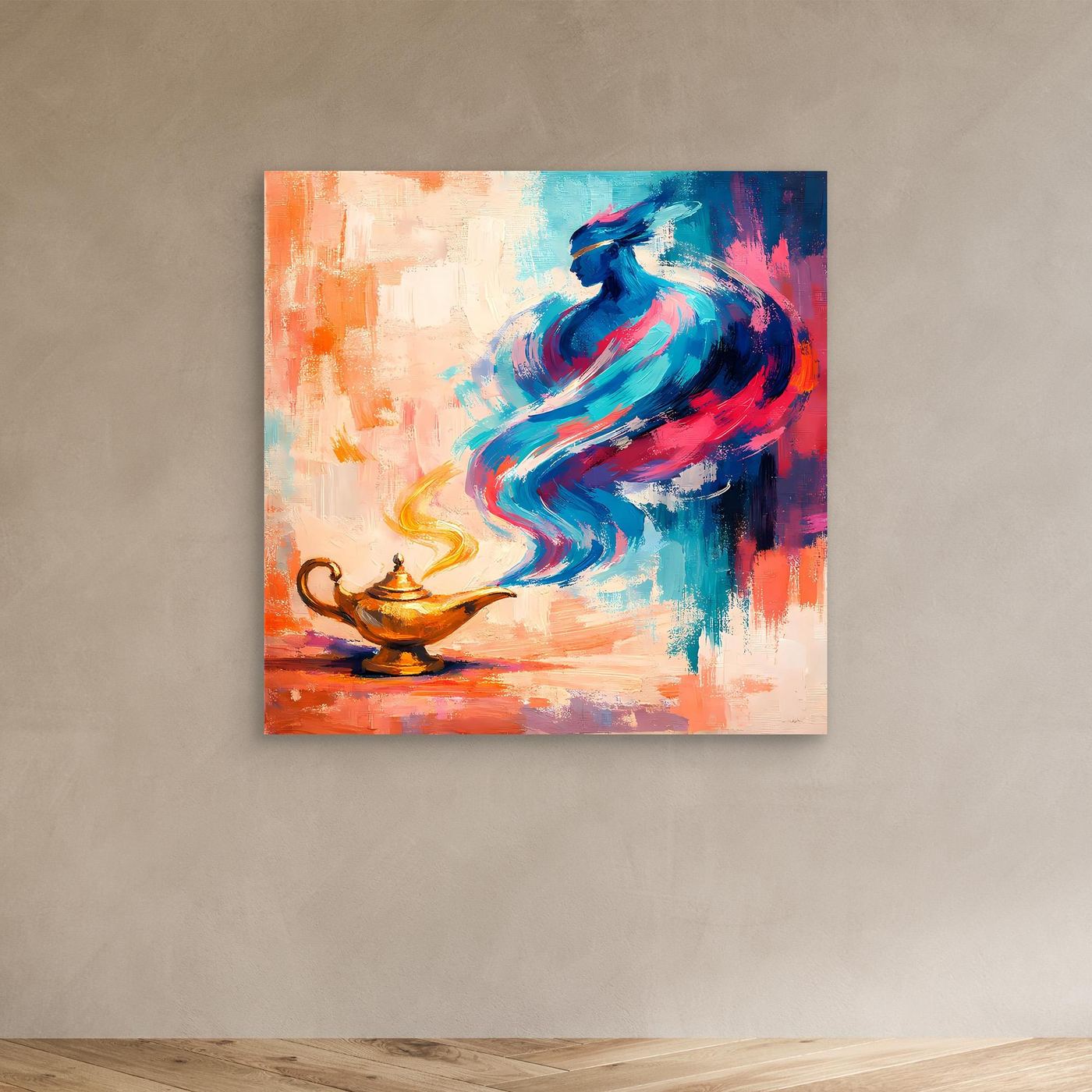 Leinwand-Wandbild mit abstraktem blauen Flaschengeist und goldener Wunderlampe