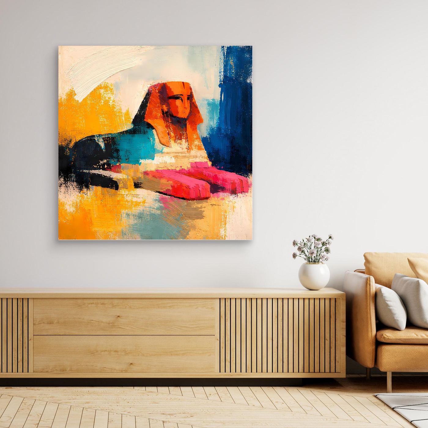 Abstract Egyptian sphinx canvas wall art with warm orange and cool blue paint textures