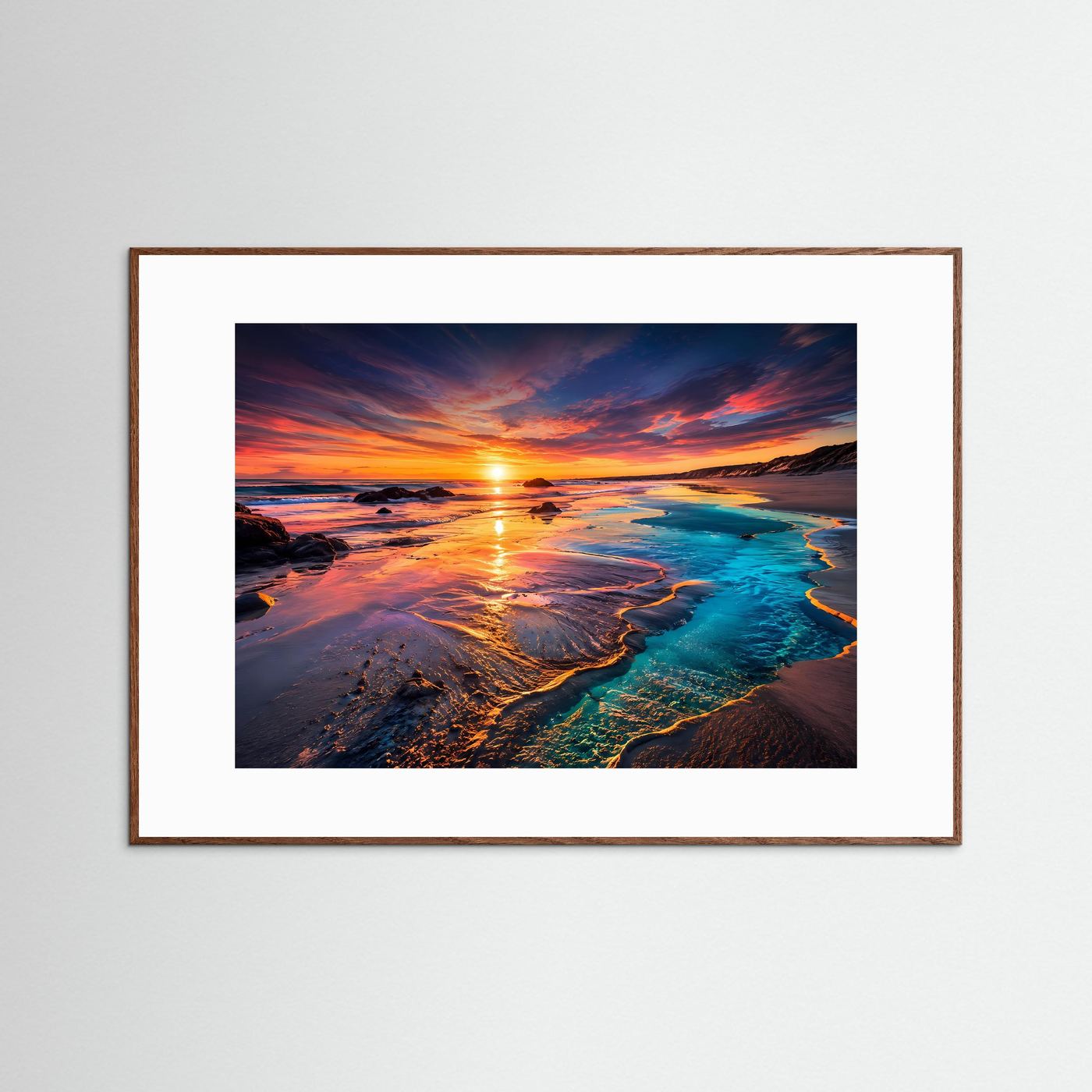 Sonnenuntergang Strand Poster | Türkis Küste Wandbild | Moderne Landschaft Kunst | Ozean Fine Art | Panorama Leinwand