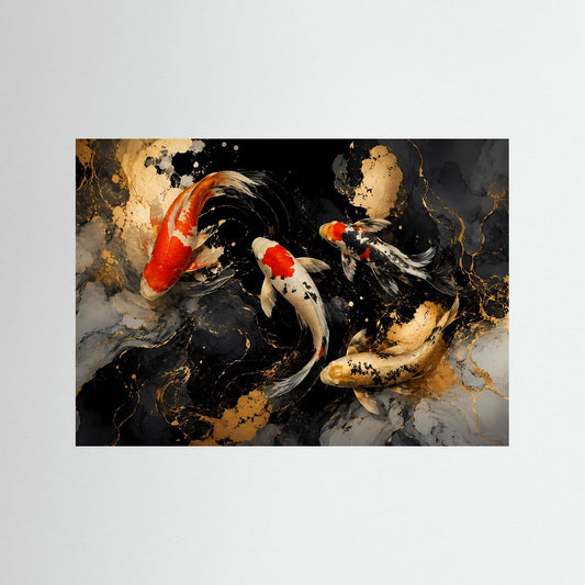 Wandbild: Koi-Karpfen in Schwarz, Rot und Gold, dunkler Holzrahmen
