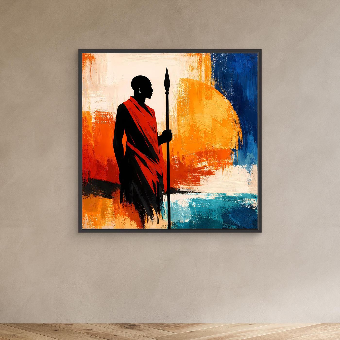 Leinwand Afrikanischer Krieger bei Sonnenuntergang | Modernes Ethno Silhouette Wandbild