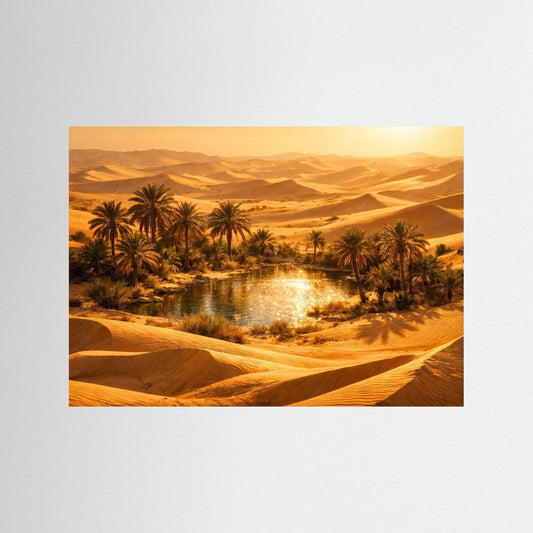 Naturposter im Querformat: Oase mit Palmen in der Wüste bei Sonnenuntergang