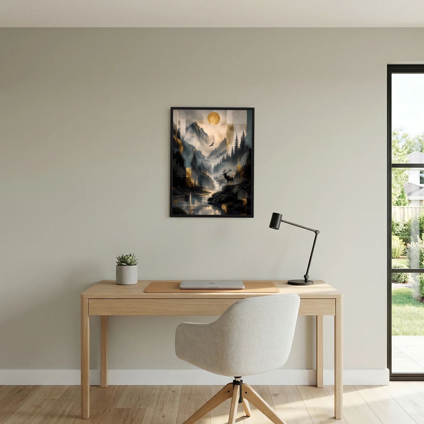 Poster mit Berglandschaft, Hirsch am Gewässer und goldener Sonne, schwarzer Rahmen