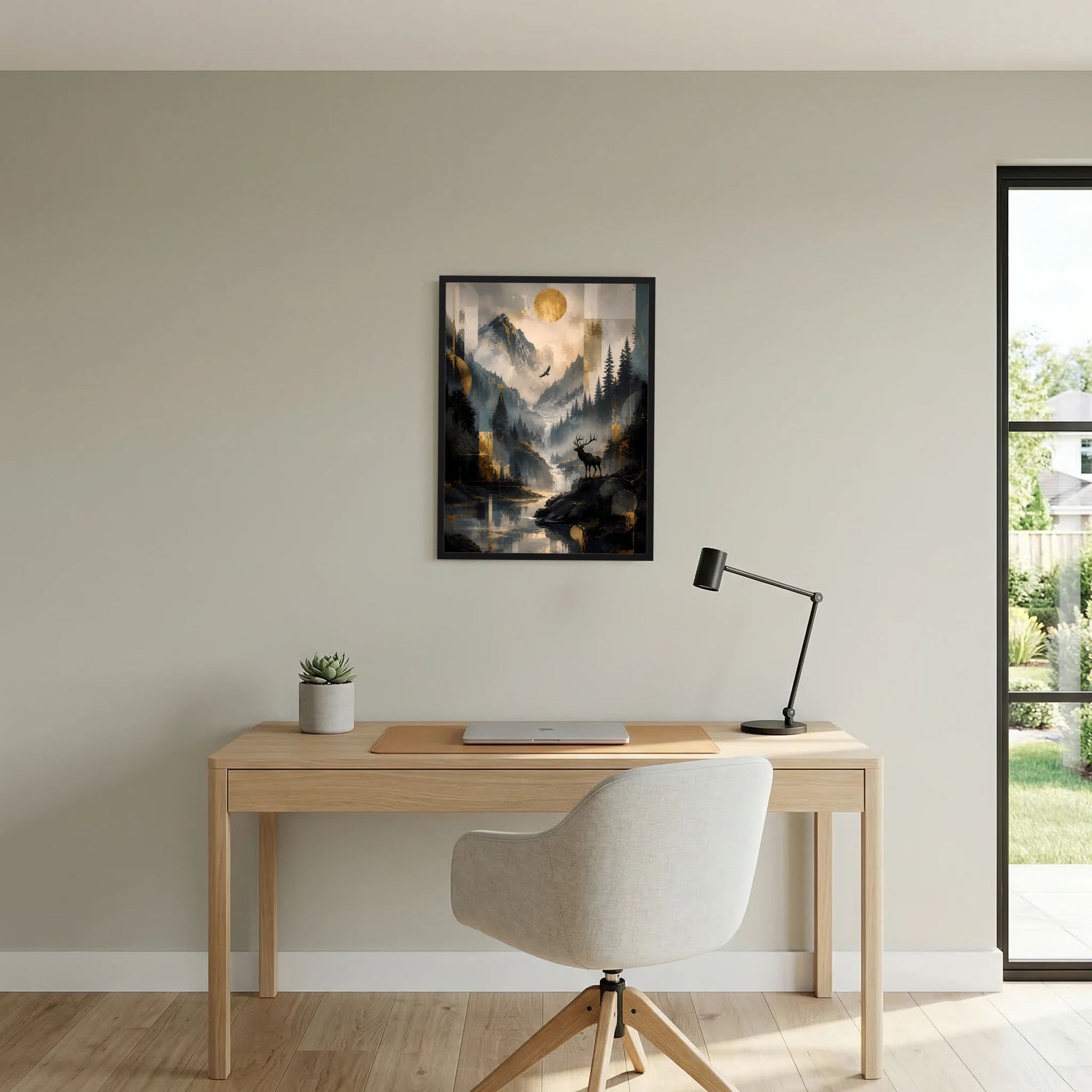 Poster mit Berglandschaft, Hirsch am Gewässer und goldener Sonne, schwarzer Rahmen