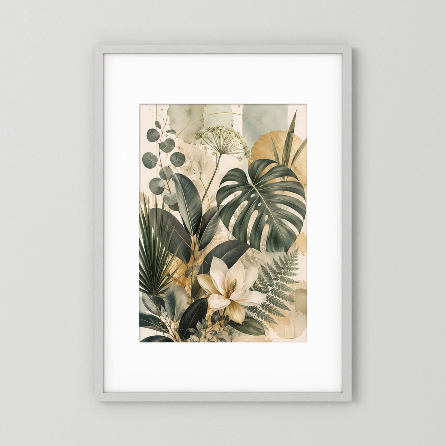 Gerahmtes Poster im Hochformat mit grünen Blattmotiven und goldenen Details