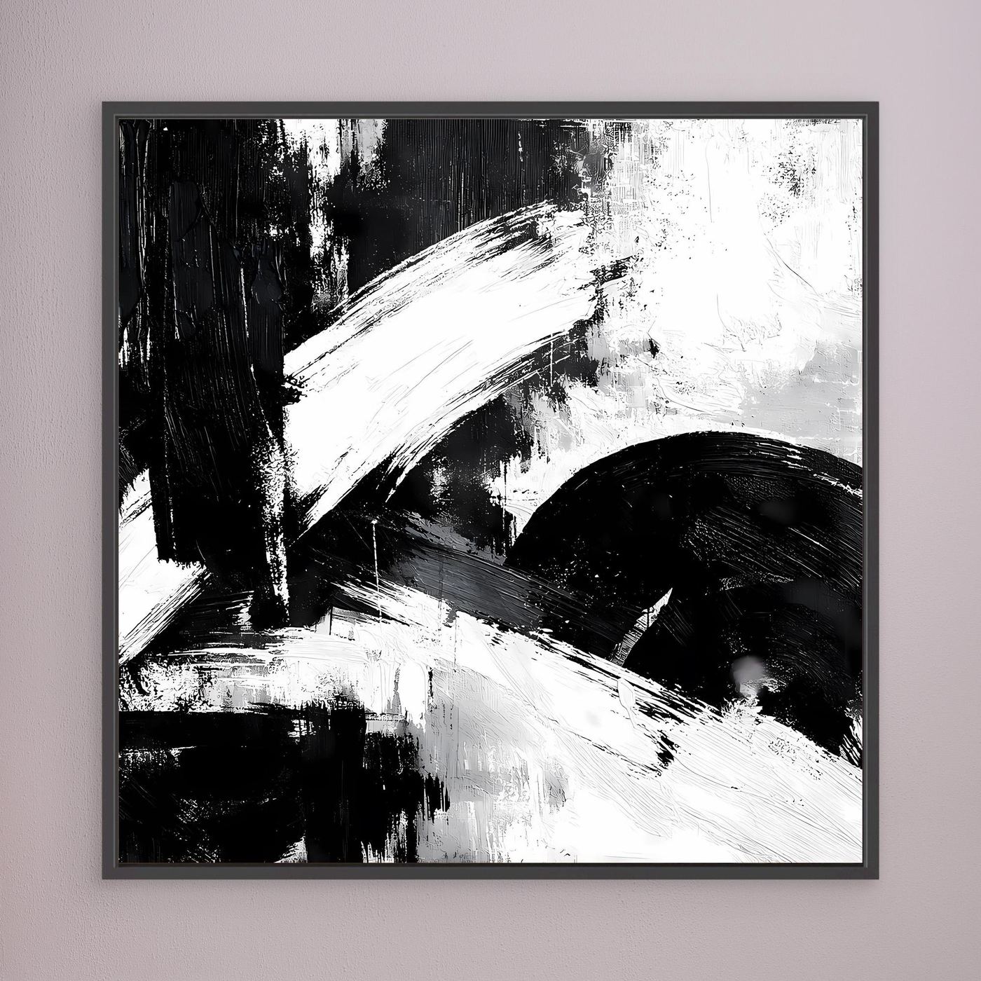 Schwarz-Weiß-Abstrakt-Wandbild mit schwarzem Rahmen, schwarze Bögen und helle Striche