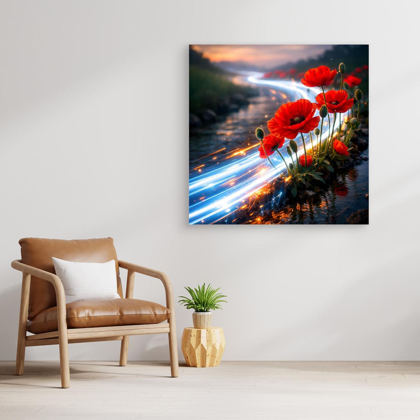 Leinwandbild mit roten Mohnblumen und Lichtfluss über Wasser, abstrakte Bildgestaltung