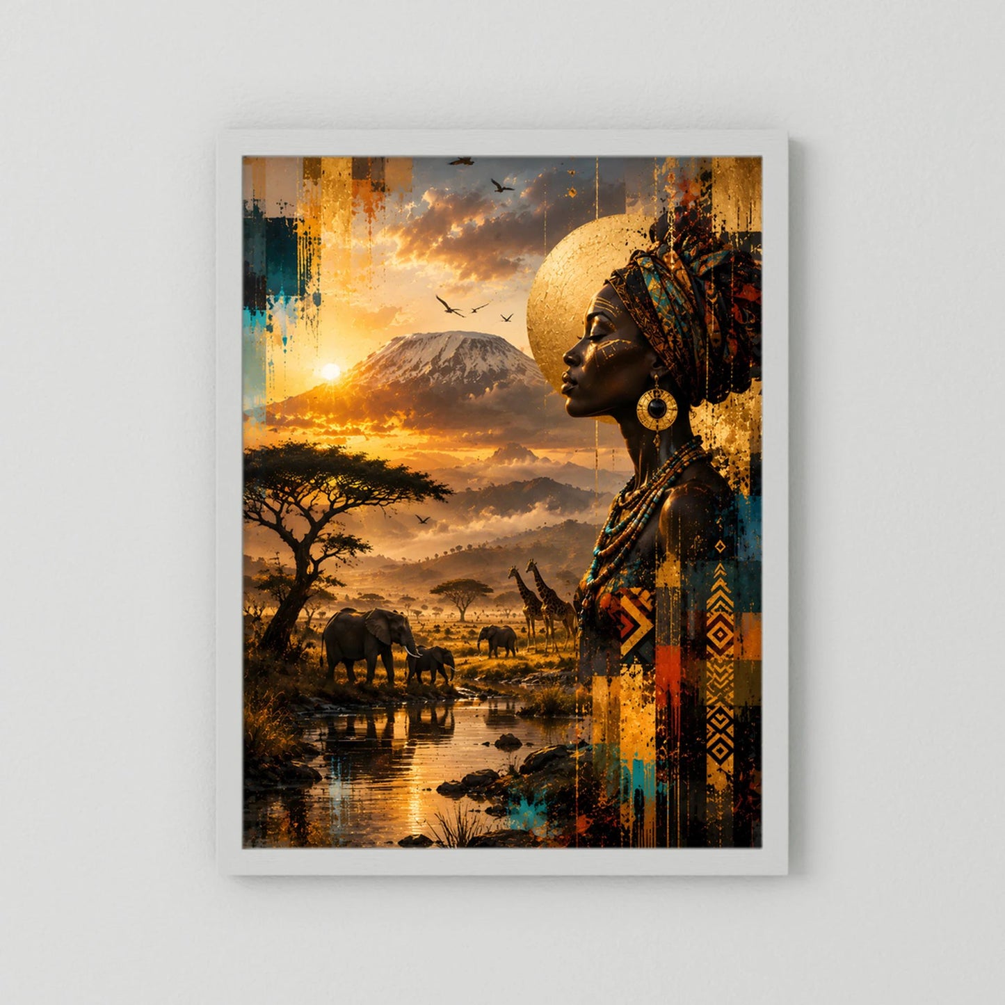 Kunstposter im hellen Rahmen mit Porträt einer afrikanischen Frau im Profil, goldener Himmel