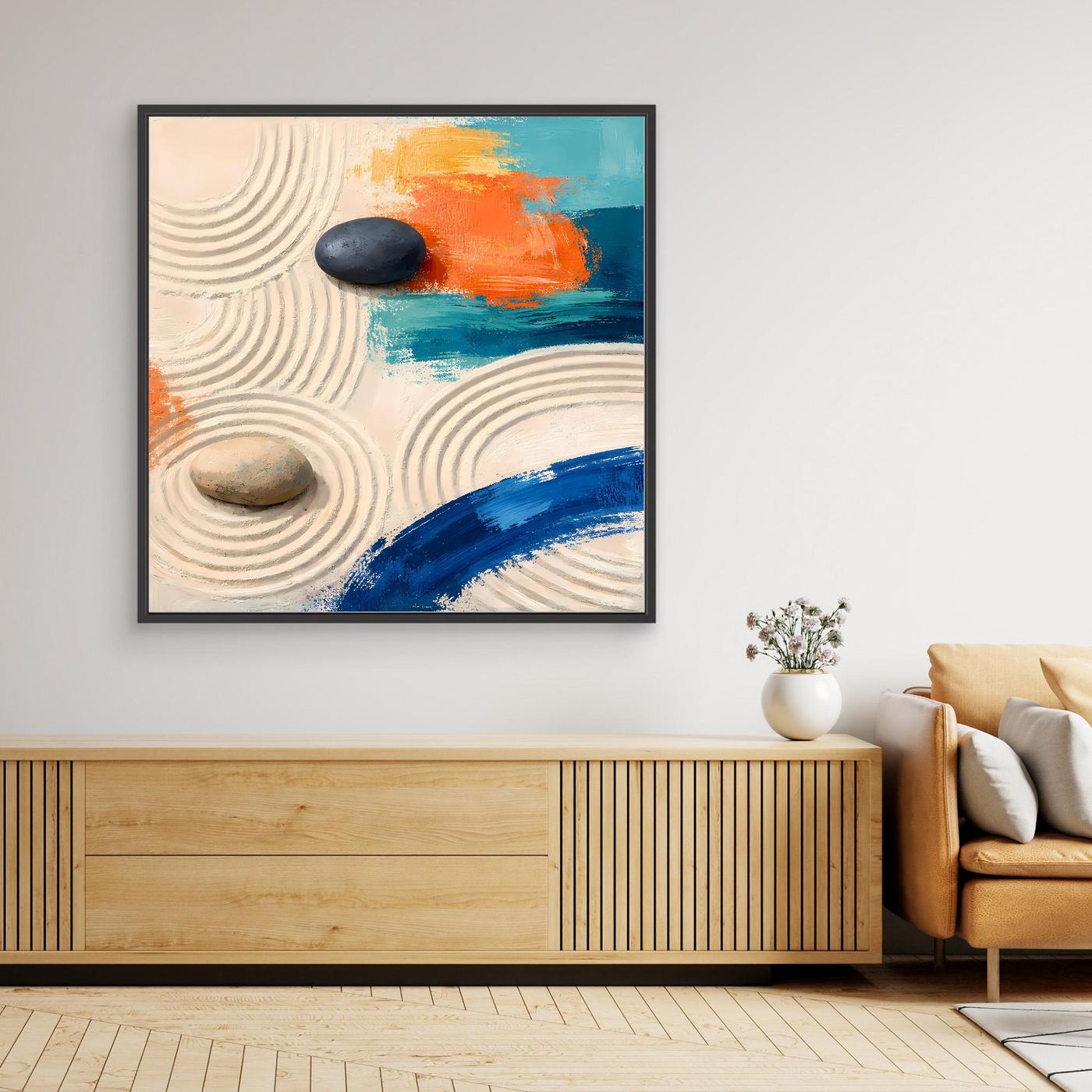 Leinwand Moderner Zen-Garten mit Steinen | Abstraktes Wandbild auf echter Leinwand
