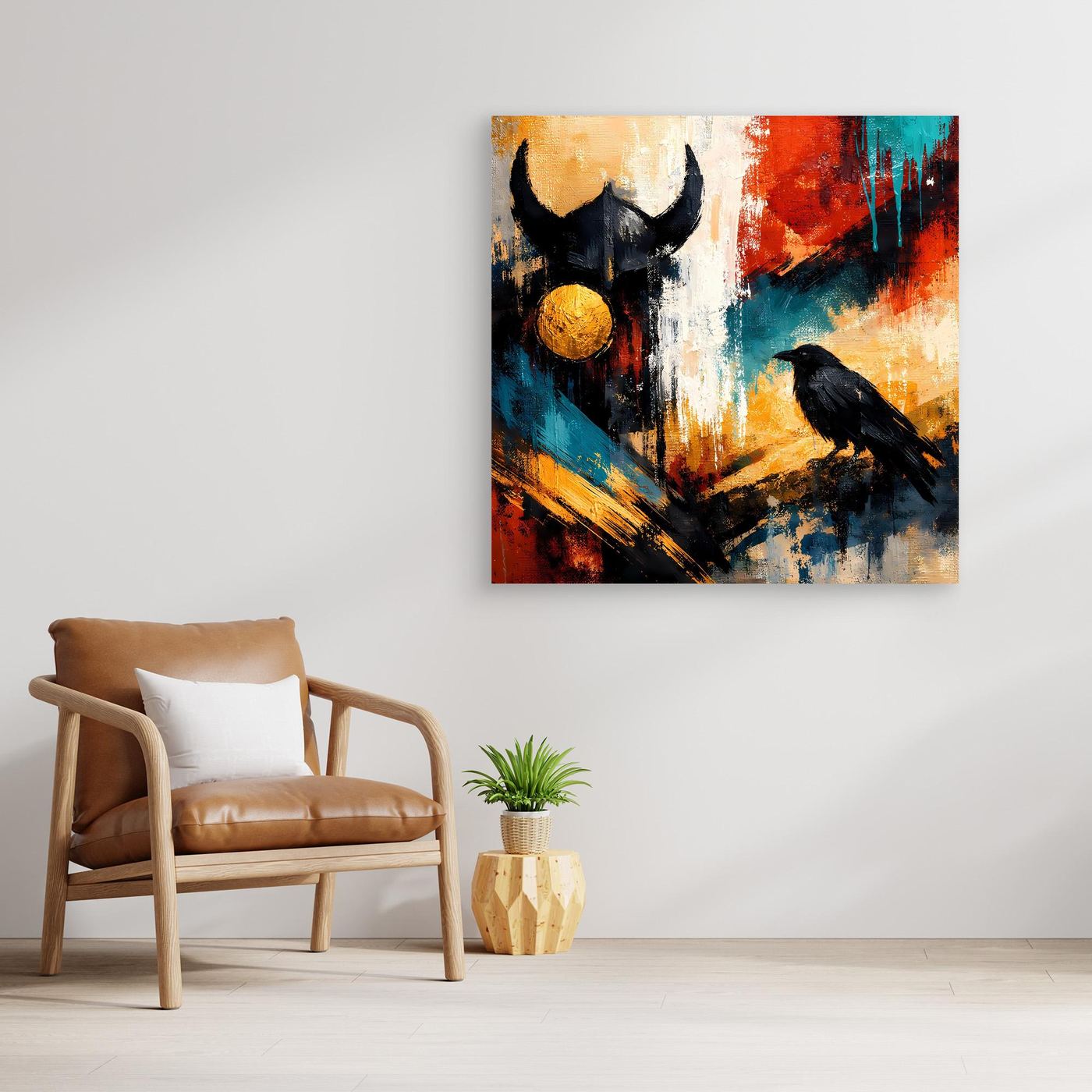 Leinwand-Wandbild ohne Rahmen, schwarzer Rabe und Odin-Gestalt, abstrakt in Blau, Rot, Gold