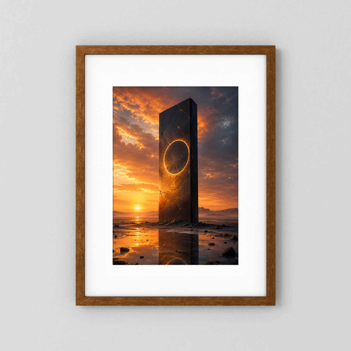 Hochformat-Poster im braunen Holzrahmen mit weißer Einfassung, Monolith mit goldenem Portal.