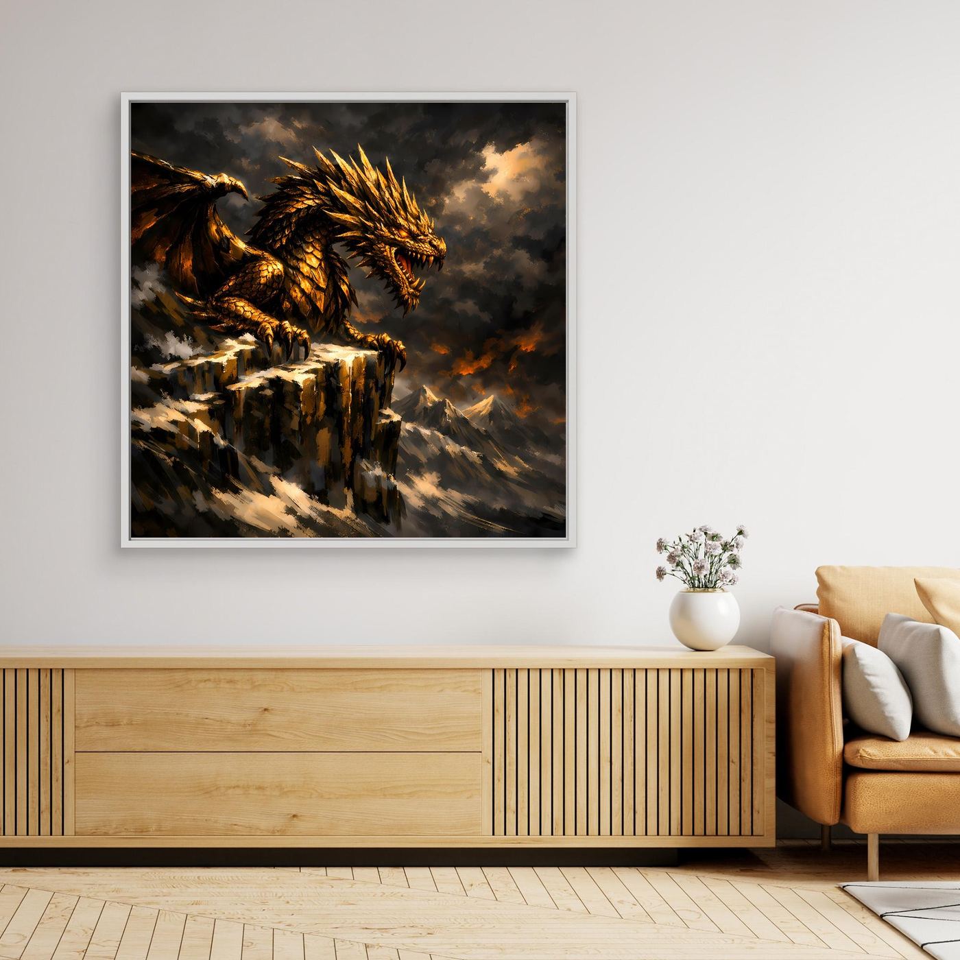 Leinwand Goldener Drache auf Felsgipfel | Episches Fantasy-Wandbild auf Keilrahmen