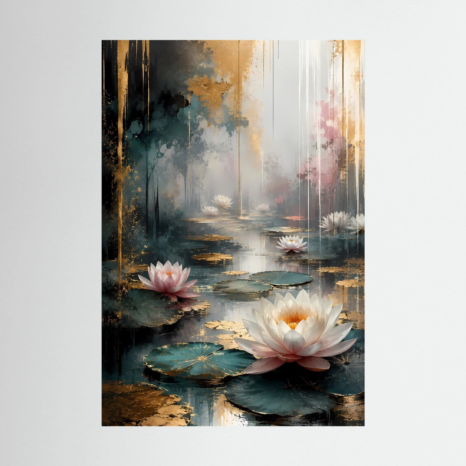 Hochformat-Poster mit Wasserlilien in Weiß und Rosa, abstrakter See und Goldakzenten