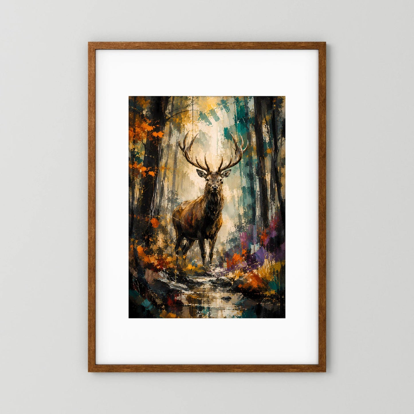 Majestätischer Hirsch | Abstrakte Waldkunst in Gold und Türkis | Poster Hochformat