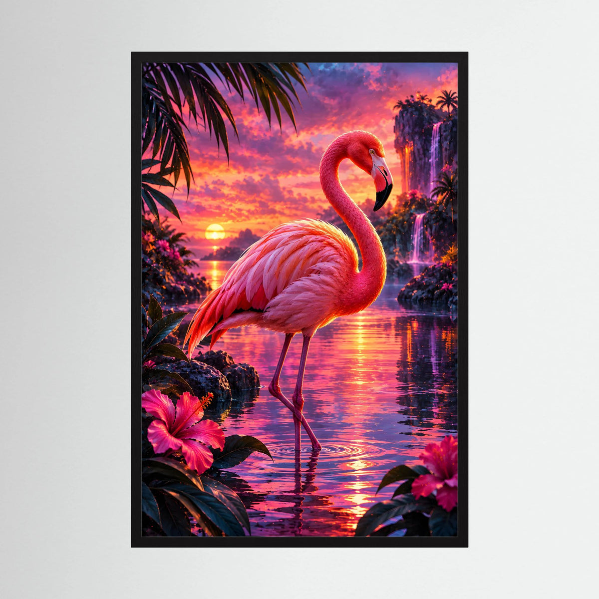 Flamingo-Tierposter im Hochformat mit schwarzem Holzrahmen und tropischer Lagune
