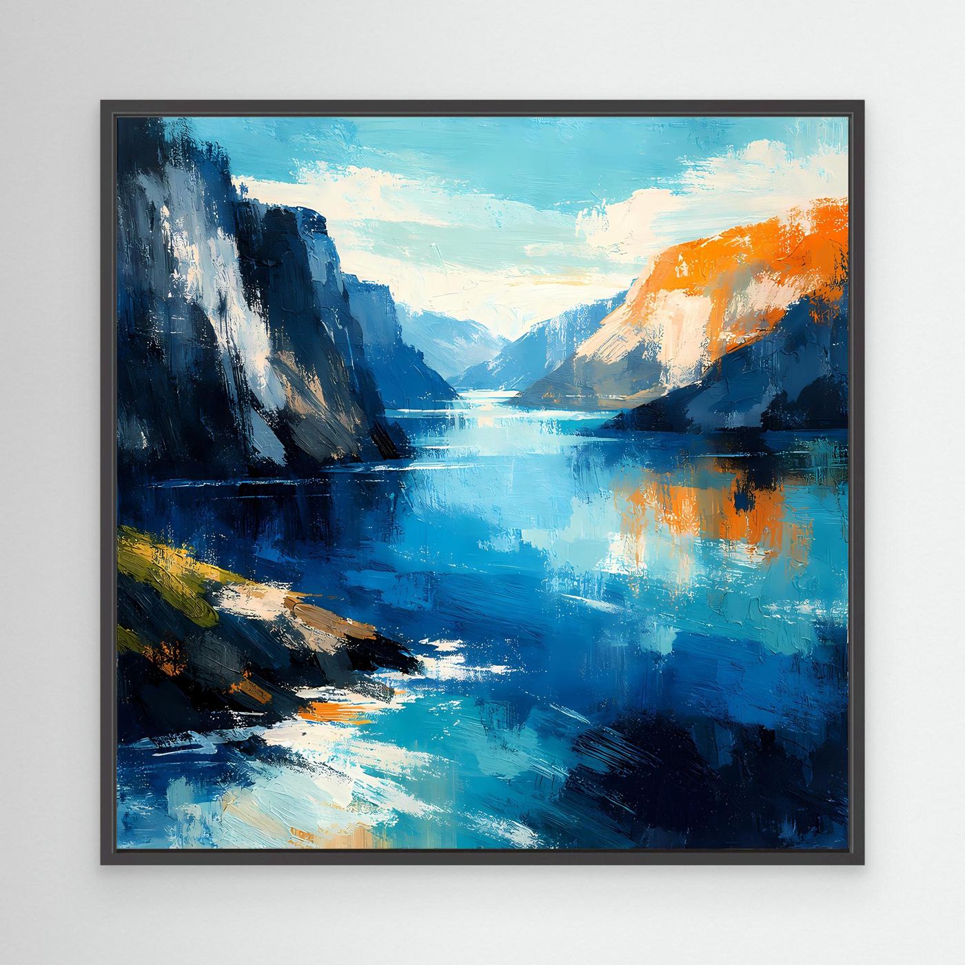 Leinwand Abstraktes Fjord Gemälde | Modernes Norwegisches Wandbild Blau Orange