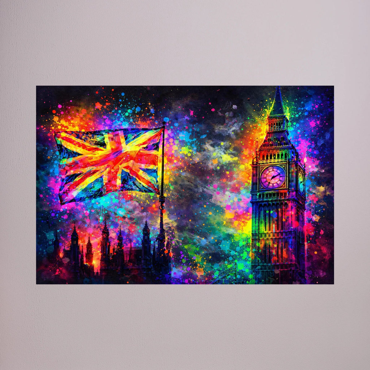 Querformatiges Pop-Art-Wandbild mit Union Jack und Big-Ben-Turm, leuchtende Neonfarben
