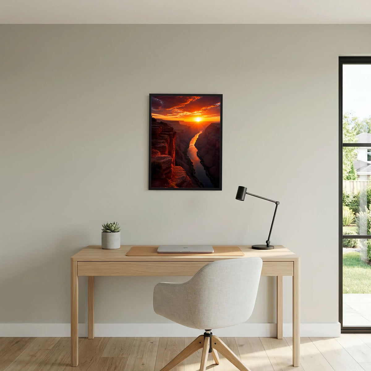 Gerahmtes Poster mit Canyonfluss und orange-rotem Sonnenuntergang, schwarze Einfassung