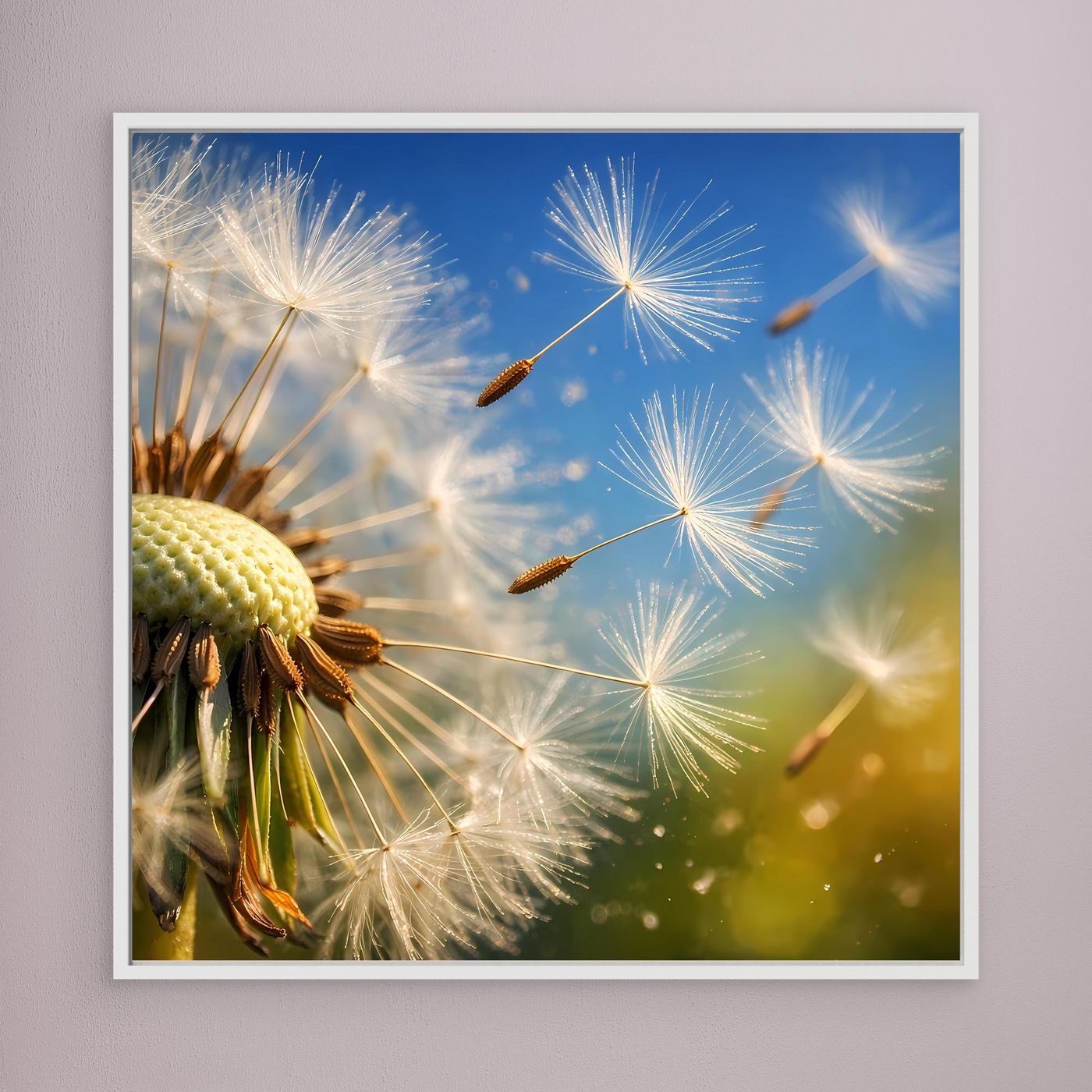 Gerahmtes Leinwandbild mit fliegenden Pusteblumen und Löwenzahn, weißer Rahmen