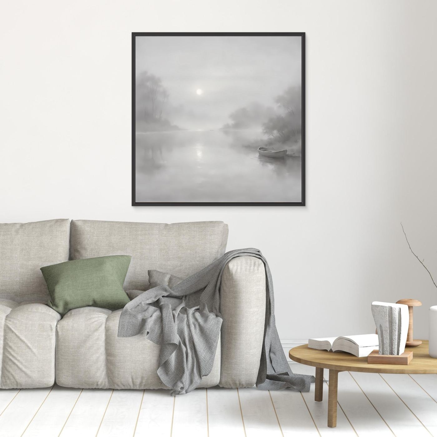 Kleines Leinwandbild mit grauem Nebel-Fluss und Boot, schwarzer Rahmen