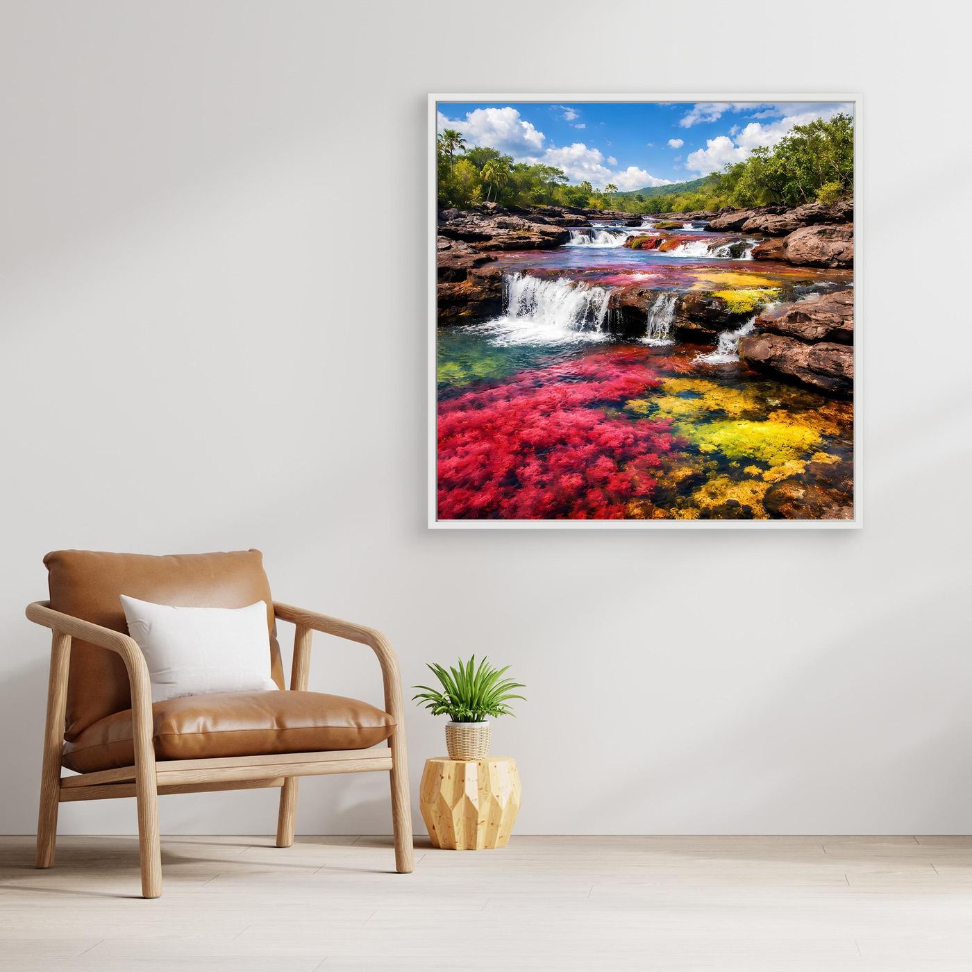 Leinwandbild mit Wasserfall im Caño Cristales im weißen Rahmen, kräftige Rot- und Grüntöne