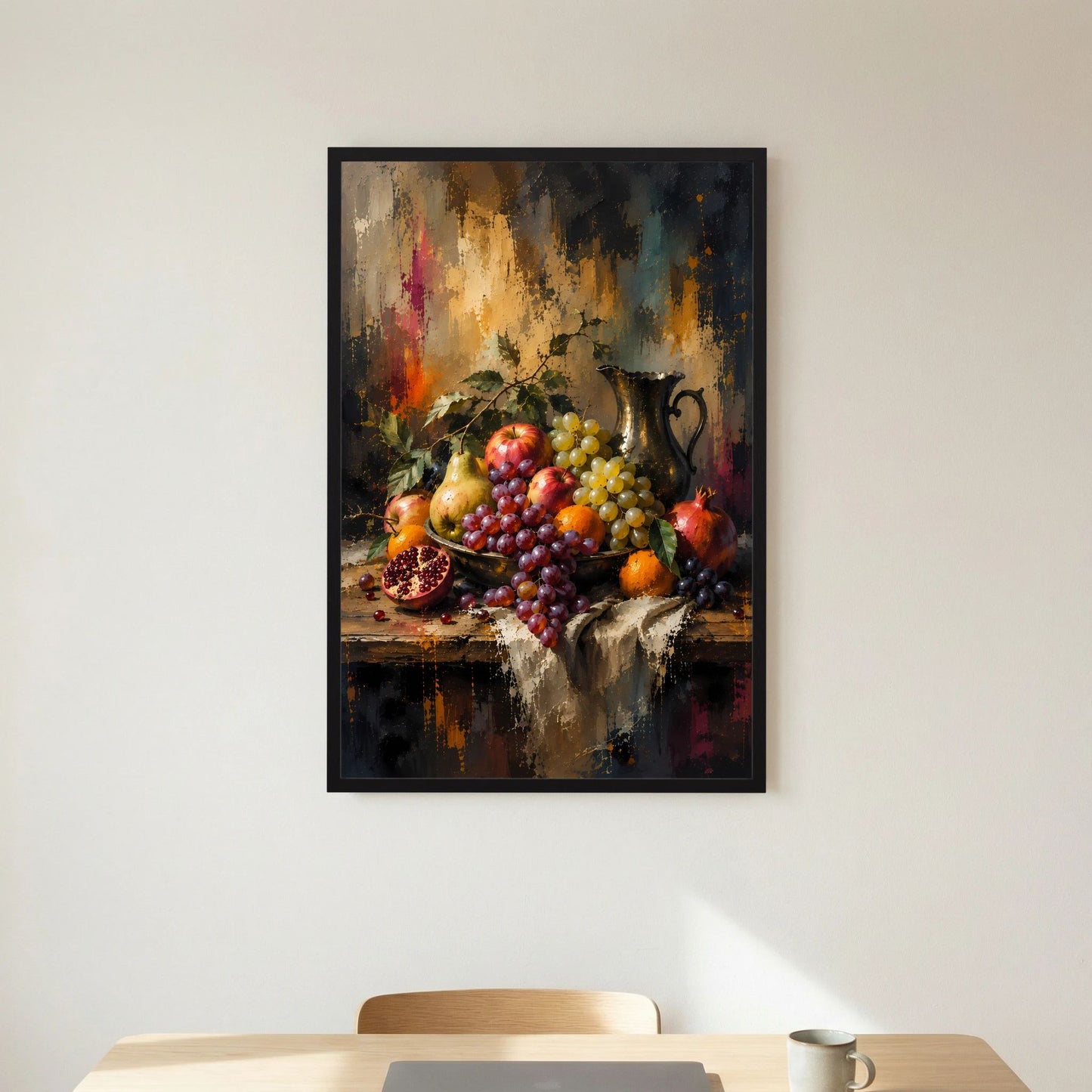 Gerahmtes Kunstposter mit Obststillleben: Trauben, Granatapfel und Äpfel in dunkler Vase