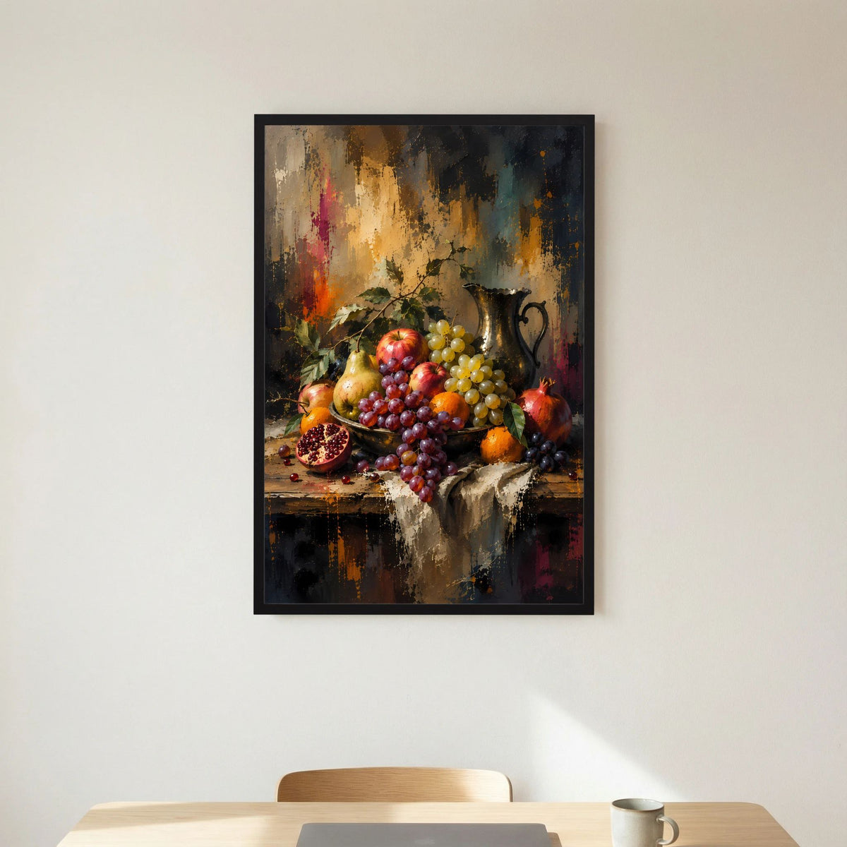 Gerahmtes Kunstposter mit Obststillleben: Trauben, Granatapfel und Äpfel in dunkler Vase