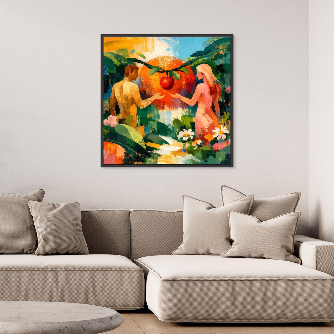 Square canvas wall art with stylized nude figures and colorful garden plants in painterly style