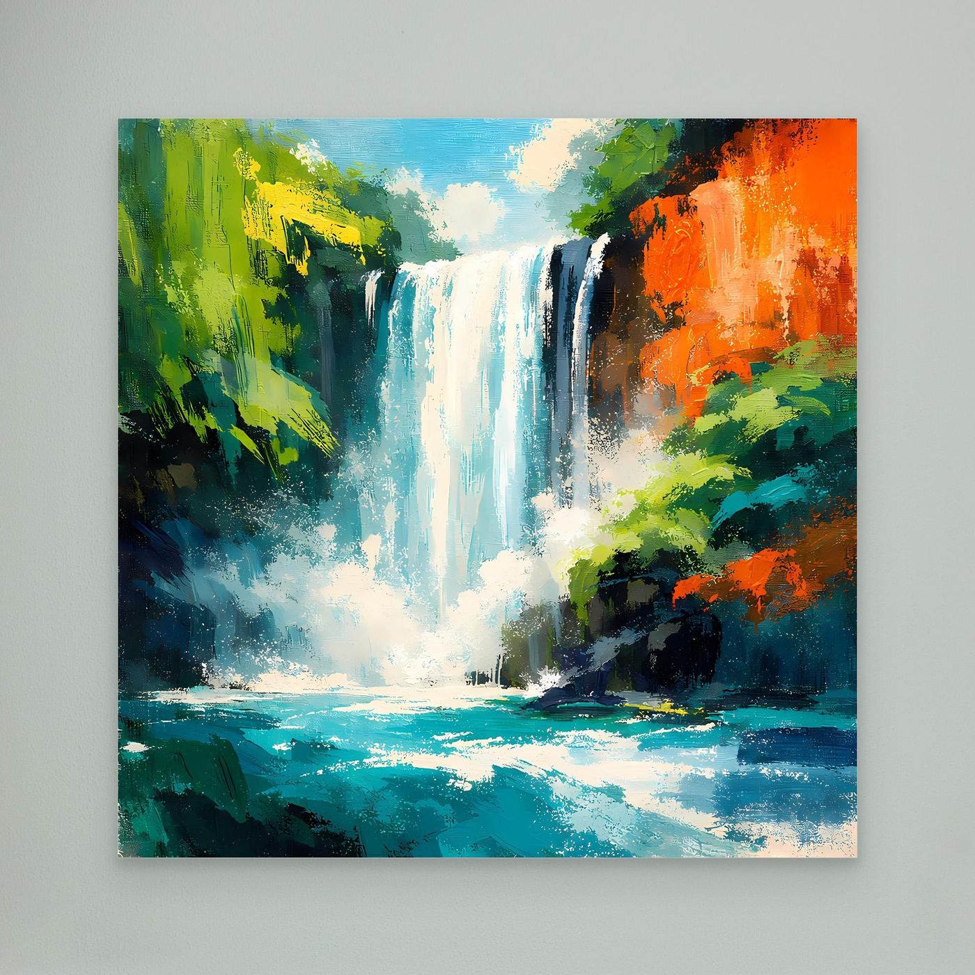 Leinwandbild mit tropischem Wasserfall im Dschungel, ohne sichtbaren Rahmen