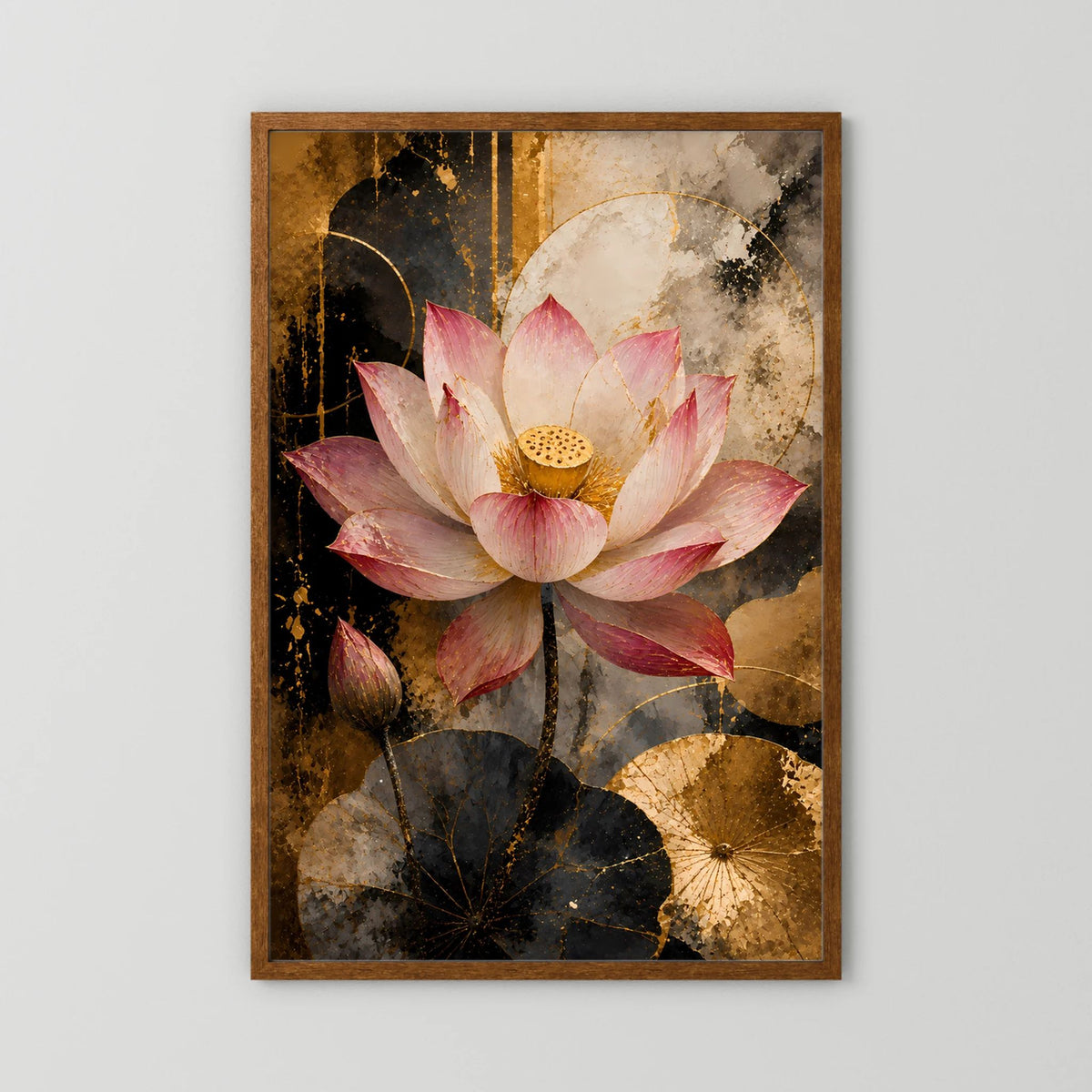 Rosa Lotusblüte in Gold & Schwarz | Elegante florale Kunst | Poster Hochformat